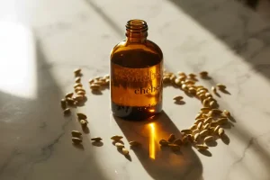 a bottle of liquid next to some nuts