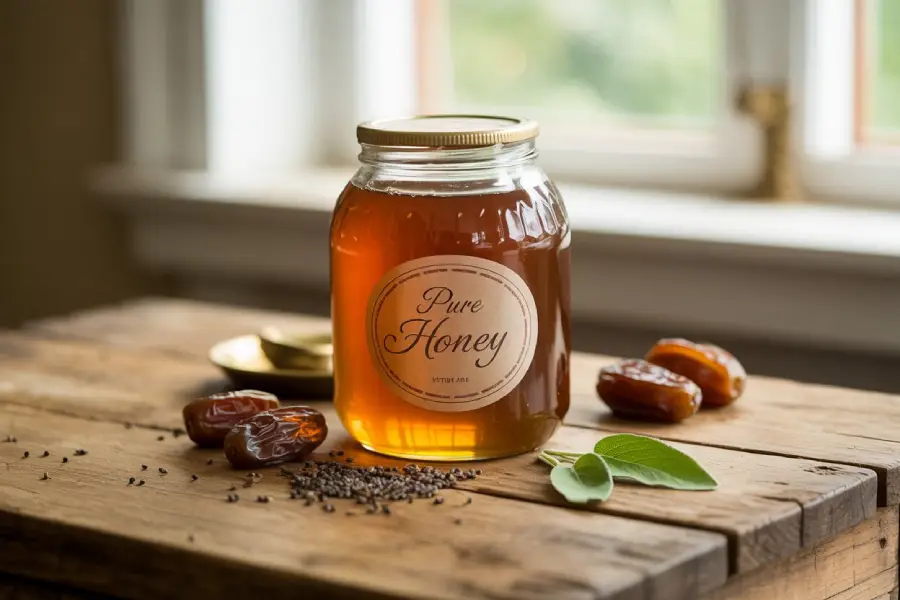 pot-de-miel-feuille-dattes-graine-de-nigelle